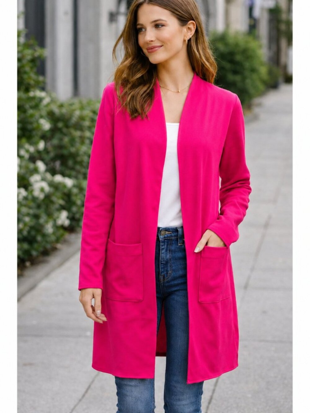 Carolina Belle Cardigan Womens M Hot Pink Long Blazer Jacket Open Front Duster